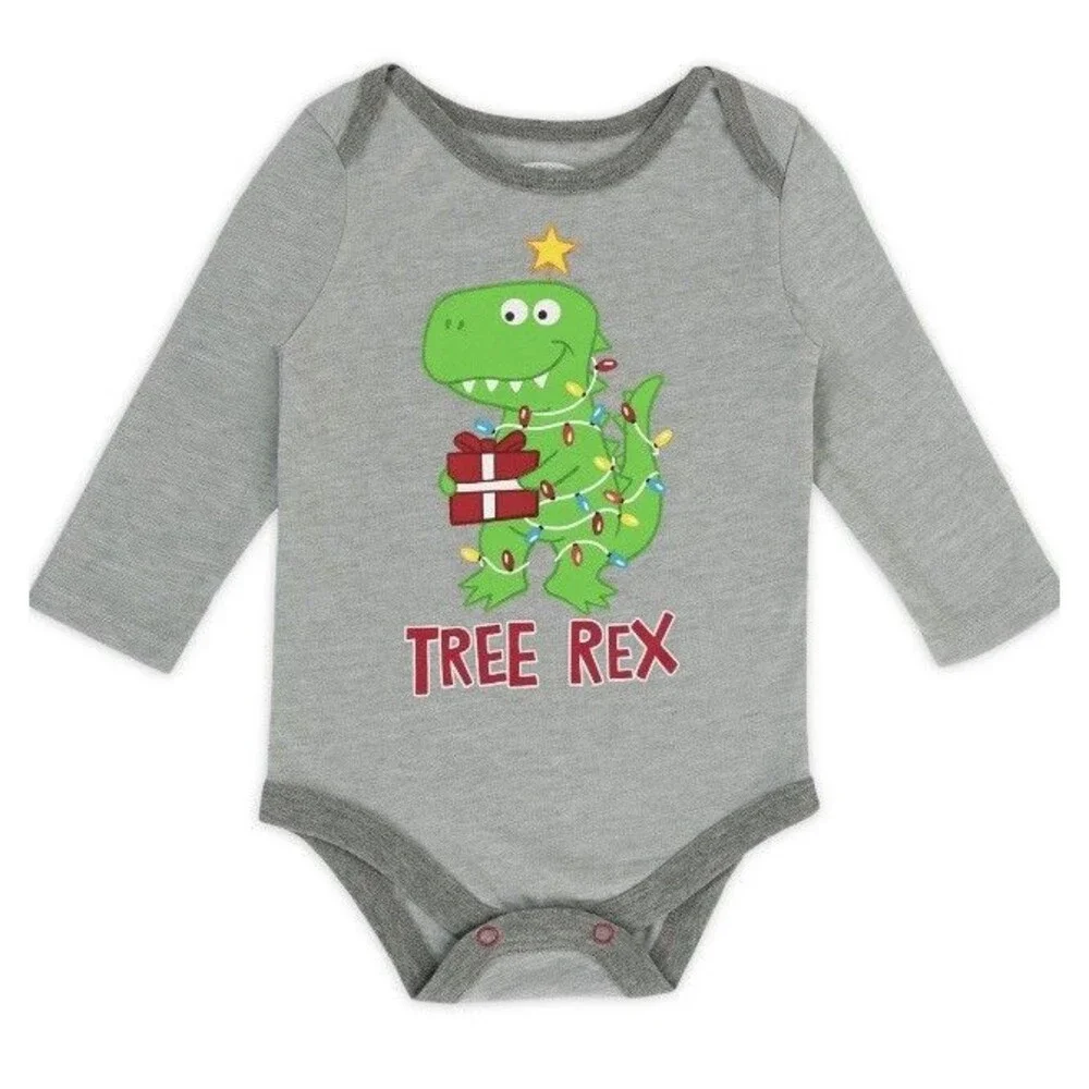 Holiday Time Baby Boy Gray Long Sleeve Graphic Tree Rex Bodysuit Size 3-6M
